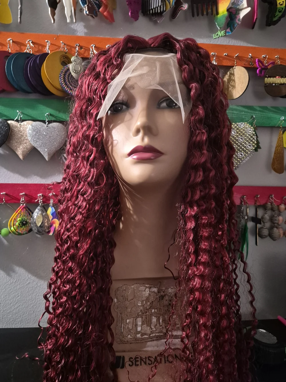 Women's Burgundy Curly Lace Front Wig - Unbranded